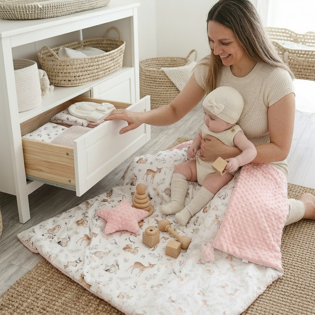 Lange bébé utilisé comme tapis d'éveil pour enfant avec jouets en bois.