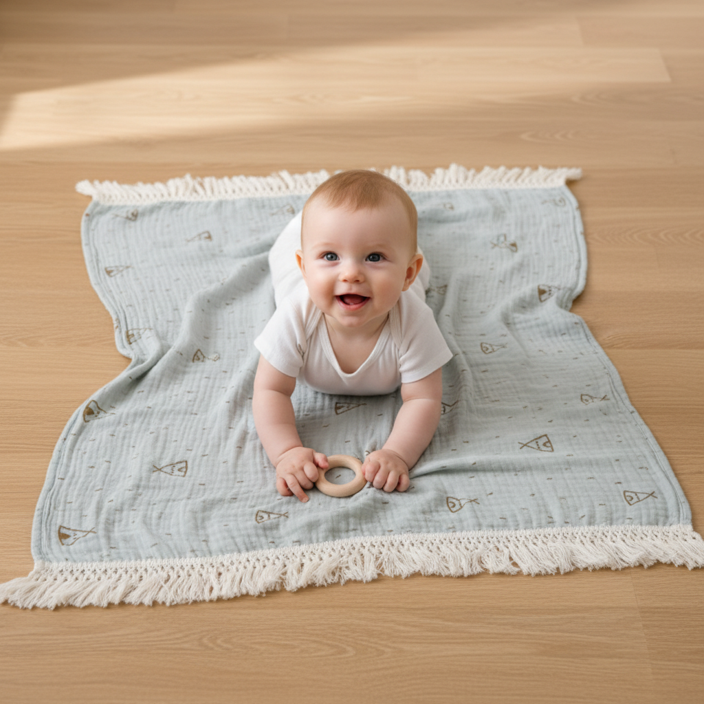 Lange bébé avec Bébé souriant allongé sur le ventre sur un lange bébé à franges posé sur un parquet en bois clair.