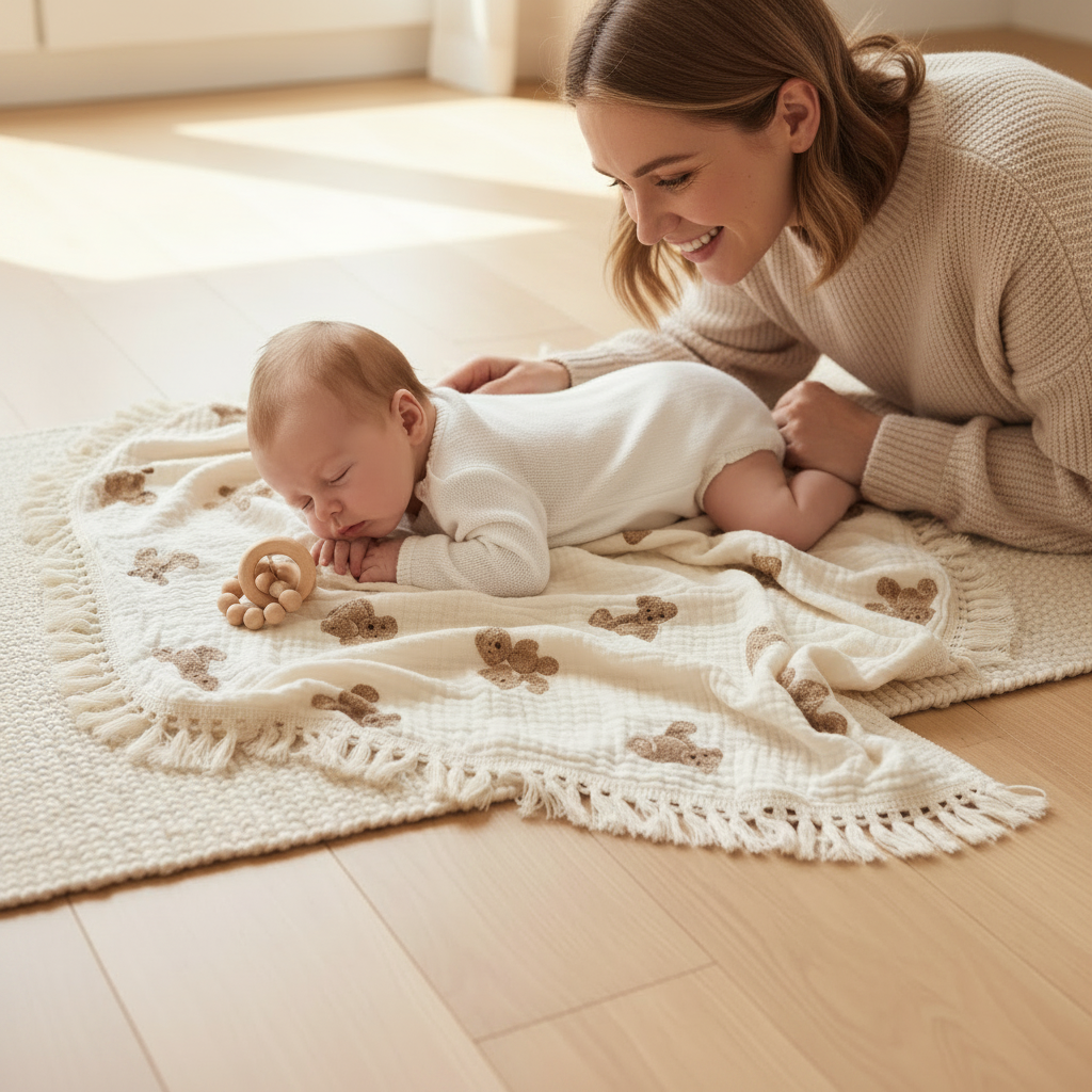 lange bébé étalé sur le parquet pour le moment d'éveil sur le ventre d'un nourrisson.