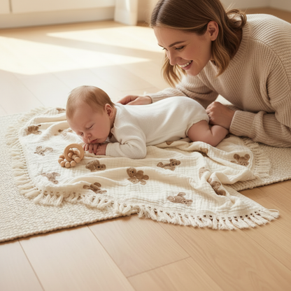 lange bébé étalé sur le parquet pour le moment d'éveil sur le ventre d'un nourrisson.