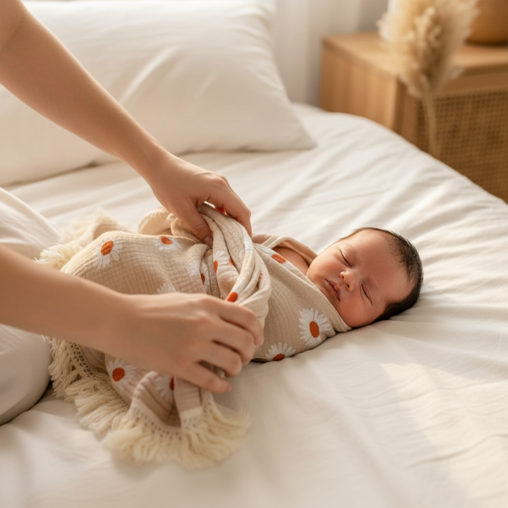 Lange bébé, mains d'un parent pratiquant l'emmaillotage d'un nouveau-né avec un lange beige.