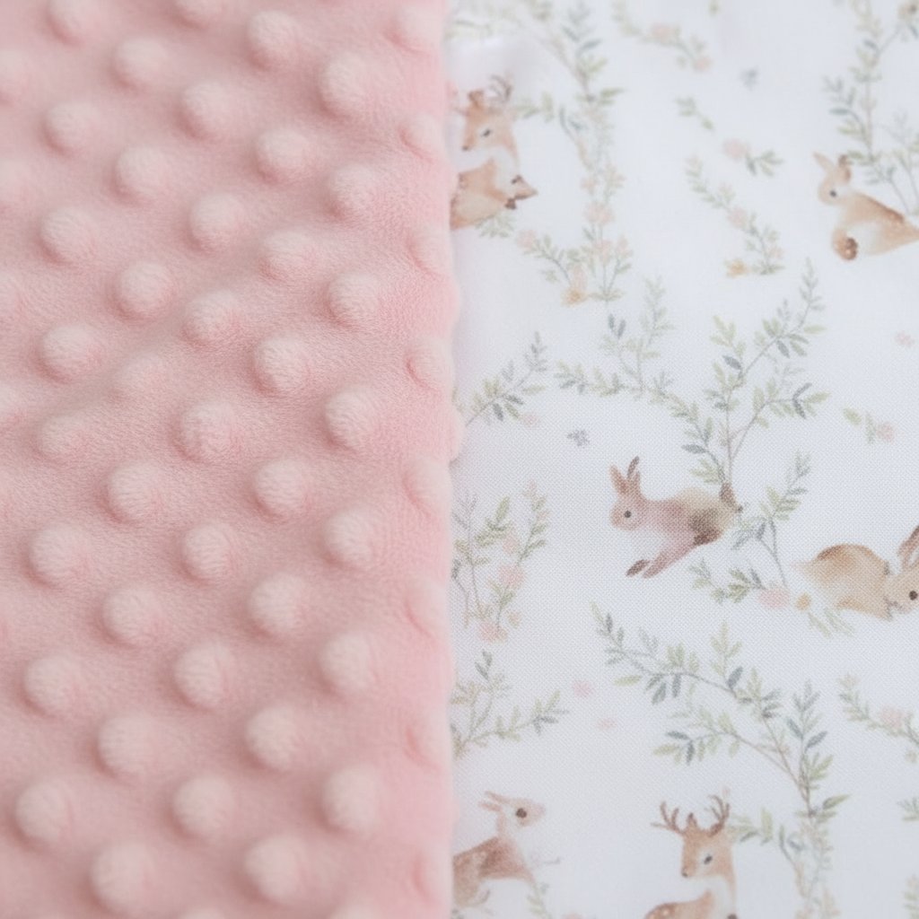 Lange bébé : gros plan sur la texture minky rose et coton imprimé.