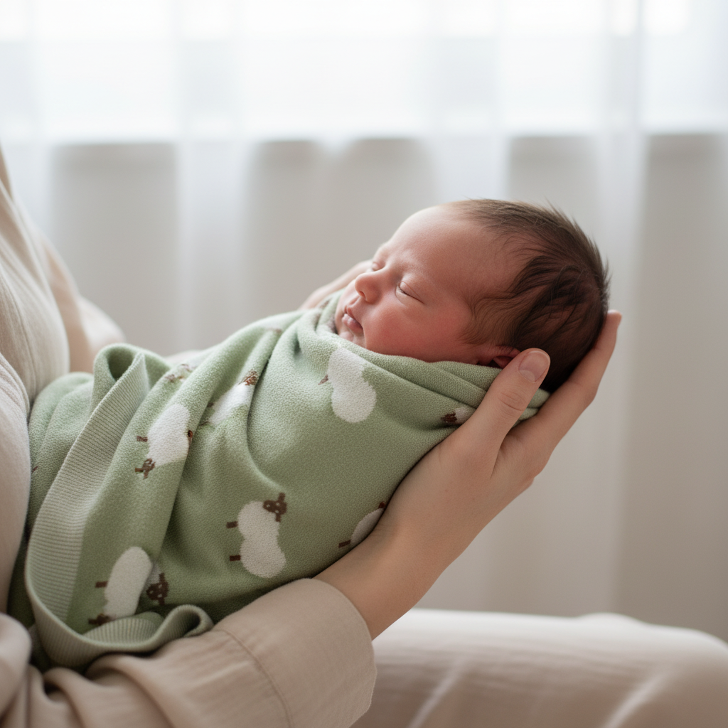 Lange bébé en maille vert sauge avec motifs moutons, enveloppant doucement un nouveau-né endormi dans les bras d'un parent.