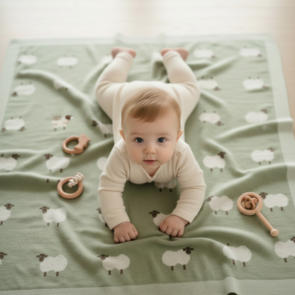 Lange bébé vert sauge motif mouton TOISON™ avec bébé en tummy time entouré de jouets en bois naturels