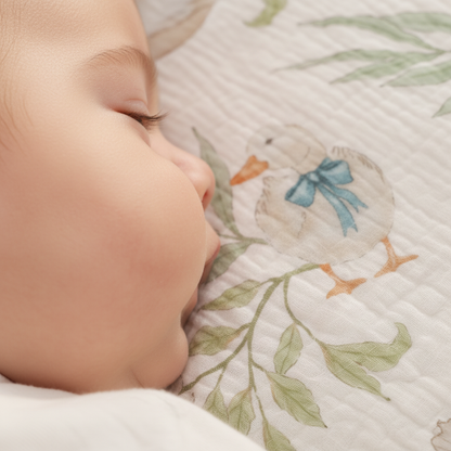 Lange bébé motif canard avec nœud bleu, gros plan sur le visage d'un nourrisson endormi.