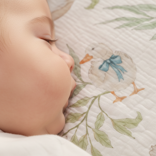 Lange bébé motif canard avec nœud bleu, gros plan sur le visage d'un nourrisson endormi.
