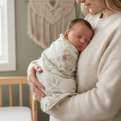 Lange bébé motif canard avec nœud bleu, maman berçant son nouveau-né emmailloté.