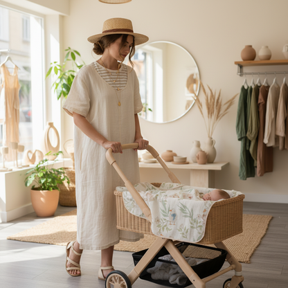 Lange bébé Maman en boutique avec poussette et couverture bébé
