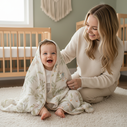 Lange bébé motif canard avec nœud bleu, bébé souriant drapé dans la couverture.