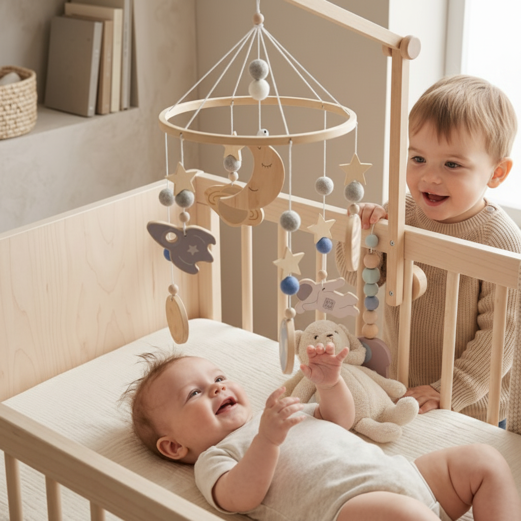 Mobile bébé COSMO – bébé dans son berceau avec doudou et grand frère curieux, mobile planètes et lune