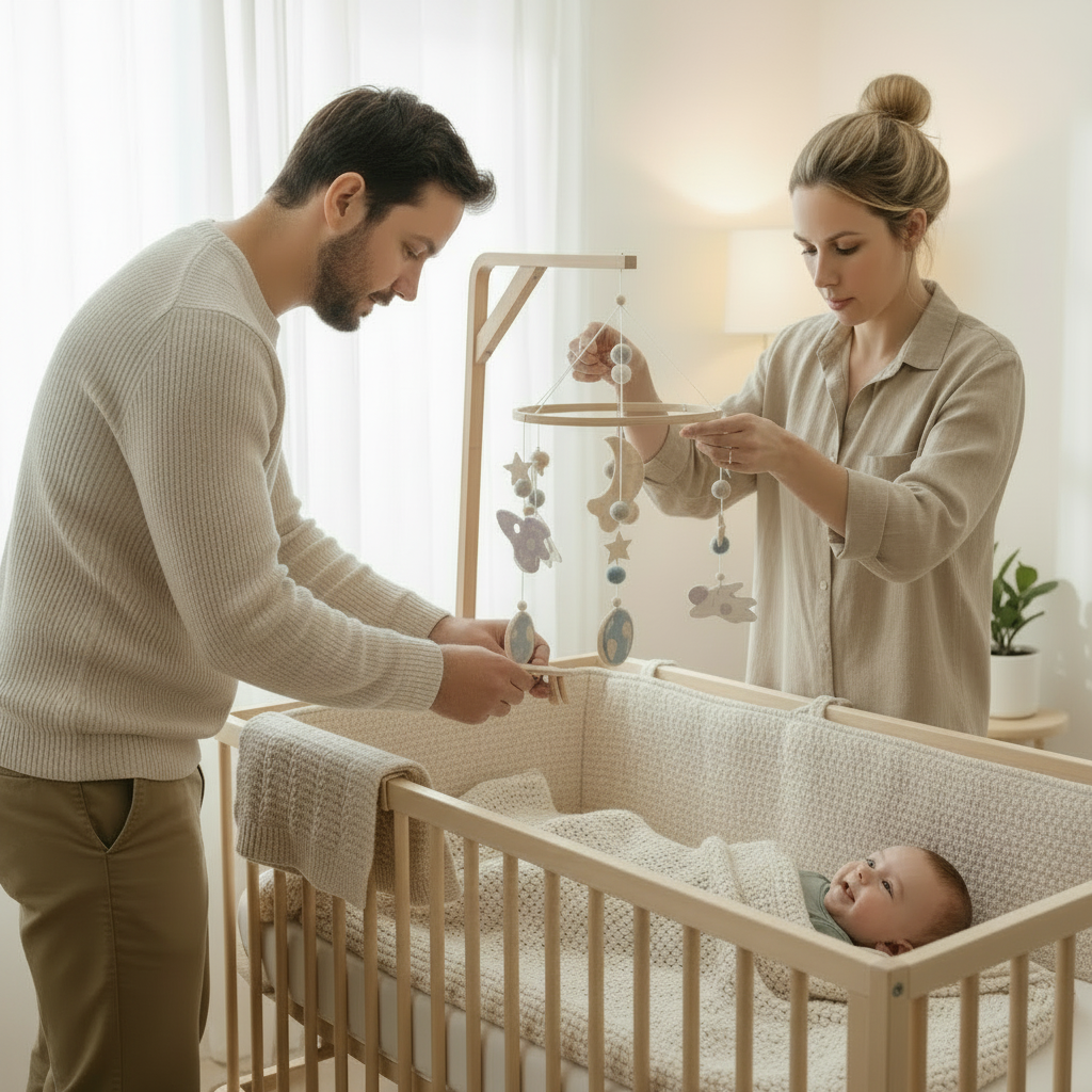 Mobile bébé COSMO – bébé bien couvert, parents installent le mobile bébé 