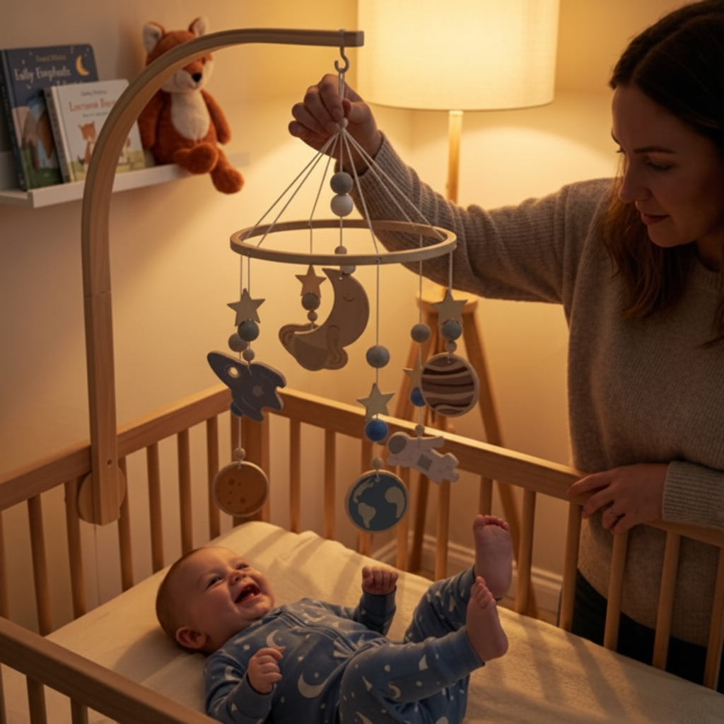 Mobile bébé COSMO – installation facile du bras en bois sur le berceau, chambre bébé tons neutres épurés et routine nuit