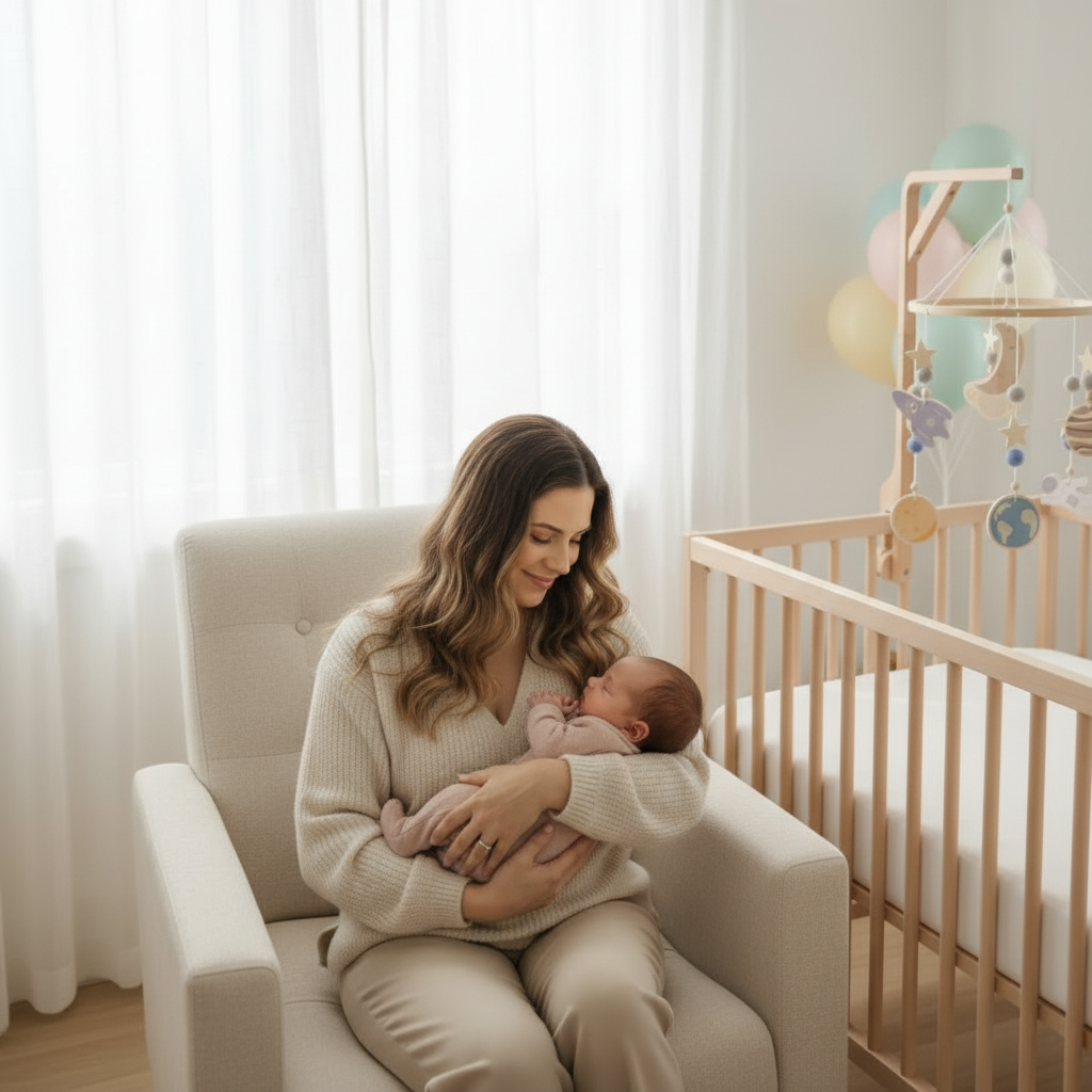 Mobile bébé COSMO – maman souriante avec son bébé dans un fauteuil, mobile céleste en bois au-dessus