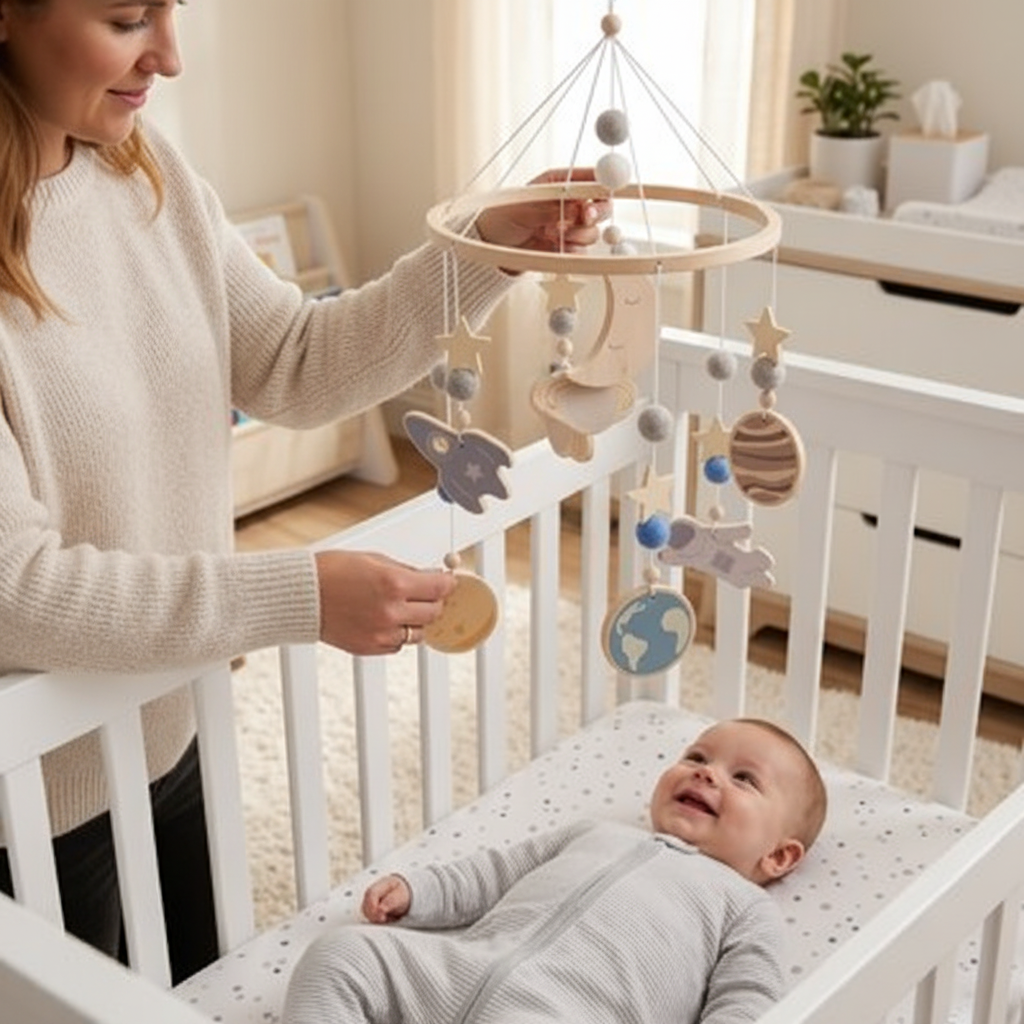 Mobile bébé COSMO – moment eveil mobile en bois style boho nordique, éléments célestes lune étoiles