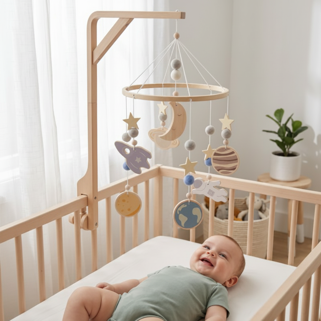 Mobile bébé COSMO – voûte céleste apaisante, mobile en bois Montessori avec lune étoiles et planètes