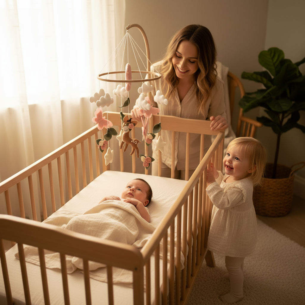 Mobile lit bébé GAZOUILLIS™ – maman, bébé et grande sœur en nurserie woodland