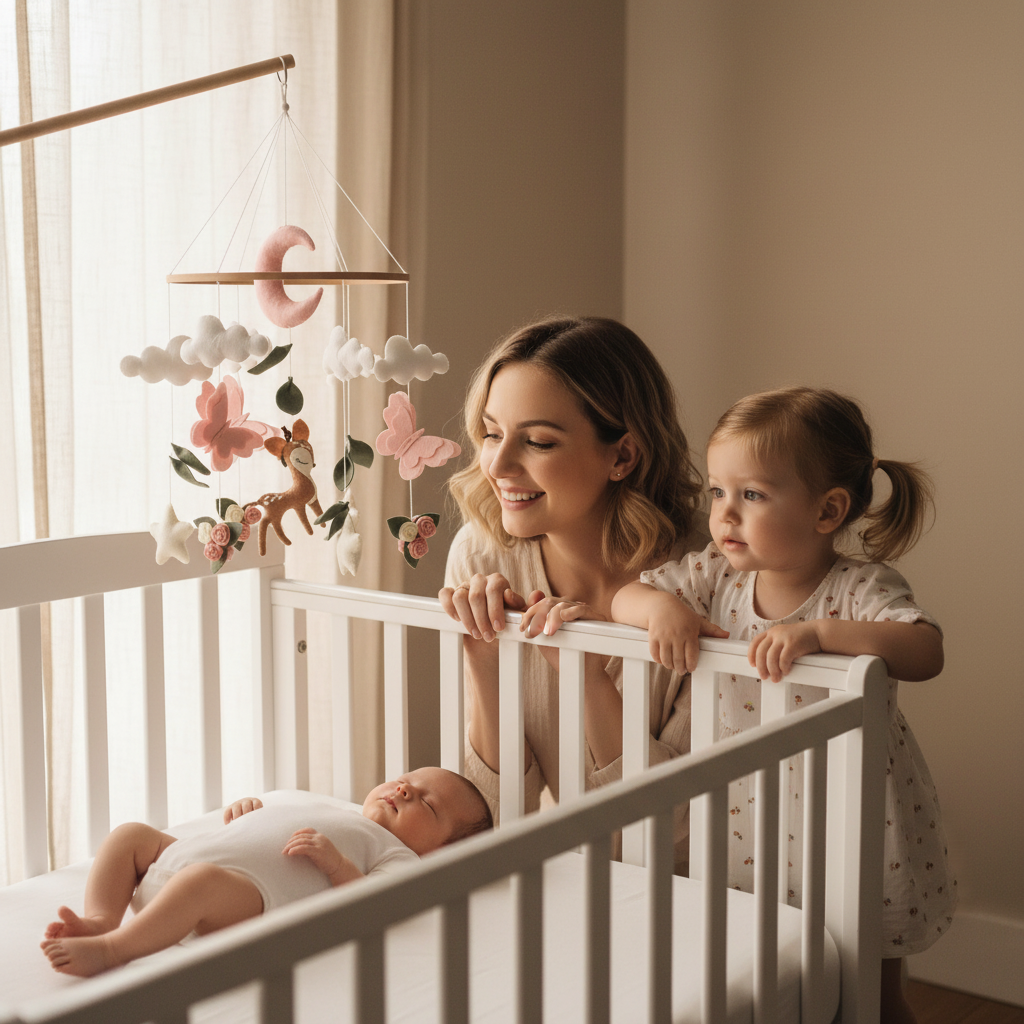 Mobile lit bébé GAZOUILLIS™ – maman et grande sœur autour du berceau