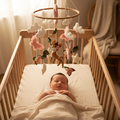 Mobile lit bébé GAZOUILLIS™ – vue plongeante bébé et mobile au-dessus du lit