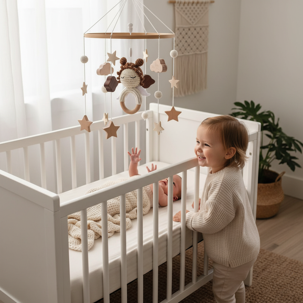 Mobile pour lit bébé avec bébé allongé et grande sœur, décorations en bois naturel et crochet artisanal au-dessus du lit