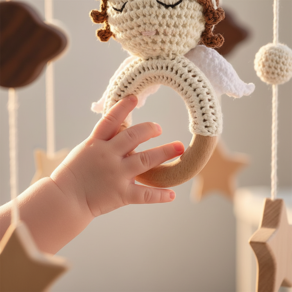 Mobile pour lit bébé — main de bébé touchant les éléments en bois naturel, étoiles et pompons au crochet