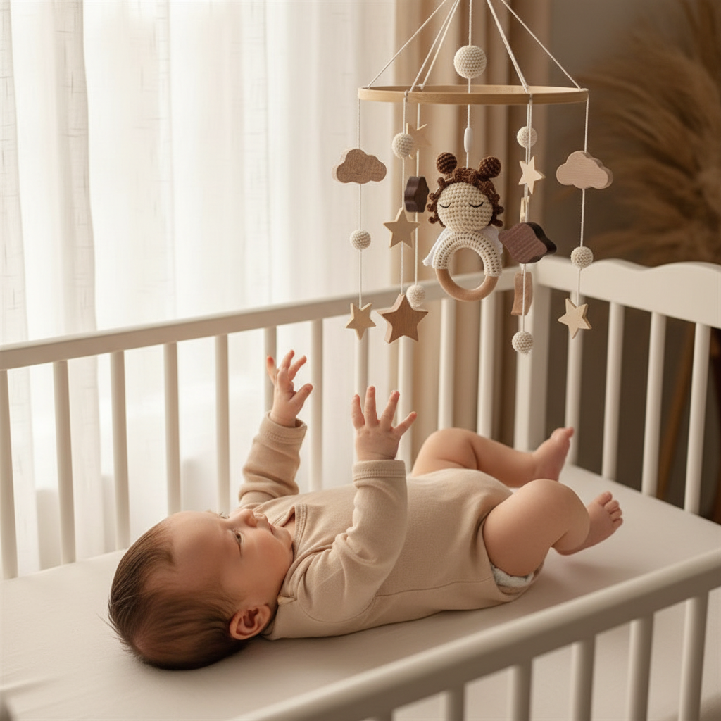 Mobile pour lit bébé suspendu au-dessus d'un bébé allongé, éléments célestes en bois et ange au crochet fait main
