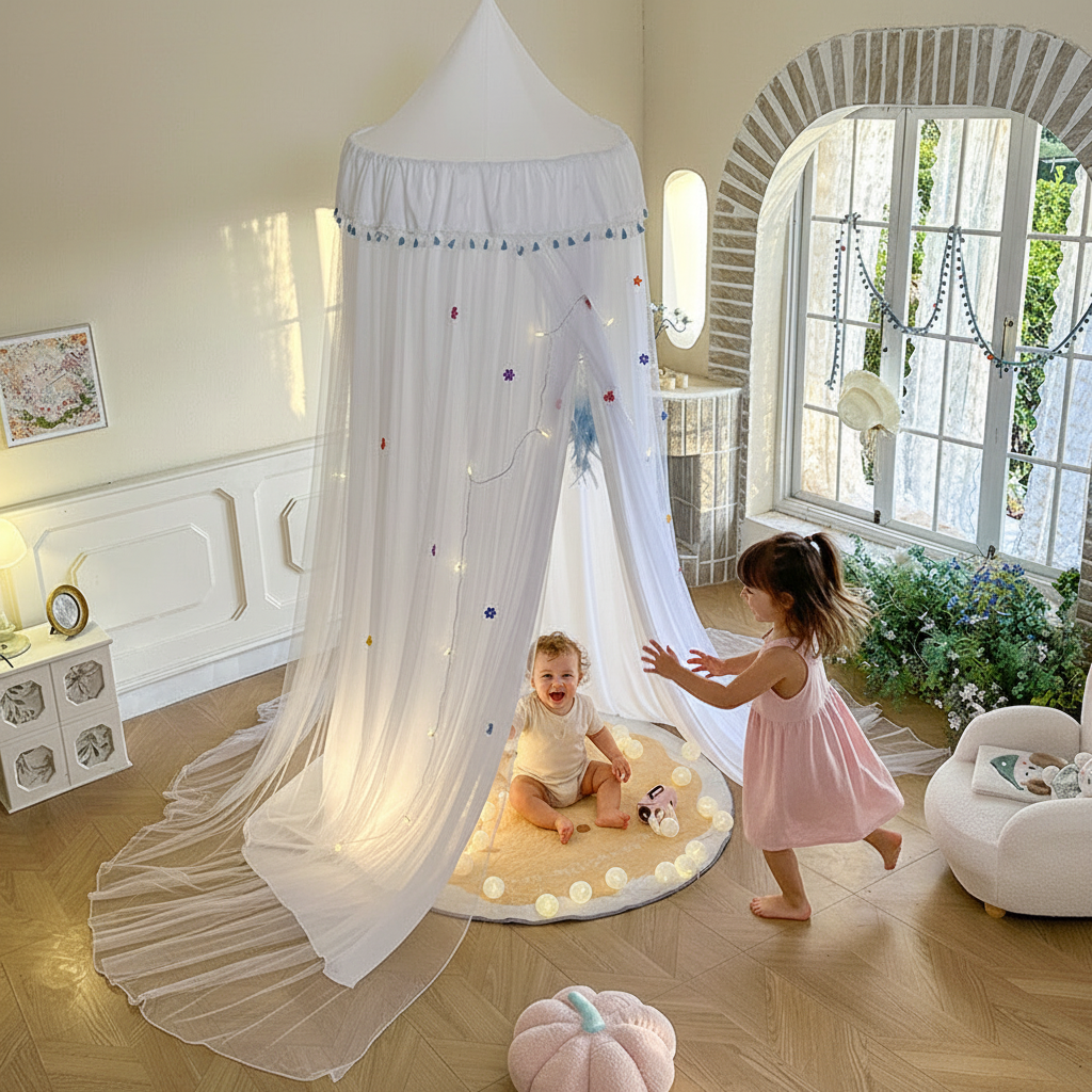 Moustiquaire lit bébé baldaquin blanc style princesse avec étoiles et pompons colorés, chambre enfant lumineuse.
