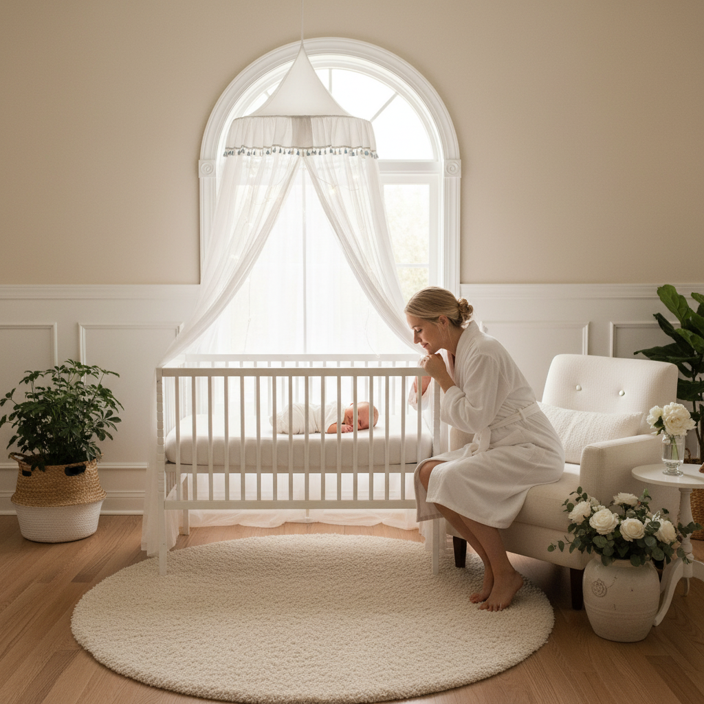 Moustiquaire lit bébé baldaquin blanc suspendu au plafond avec lumière, berceau, chambre classique.