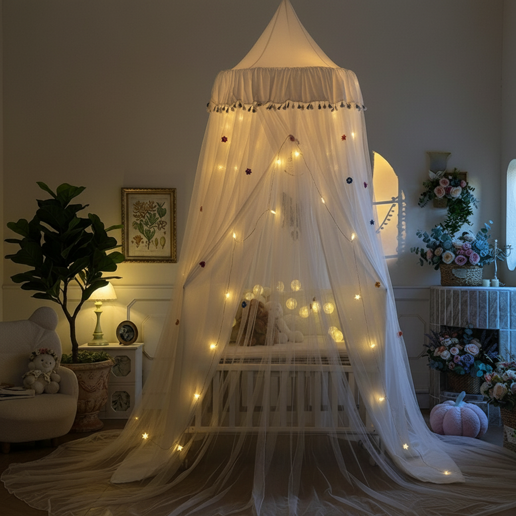 Moustiquaire lit bébé baldaquin blanc transparent, berceau, lumière chaude guirlande étoiles, chambre cosy.