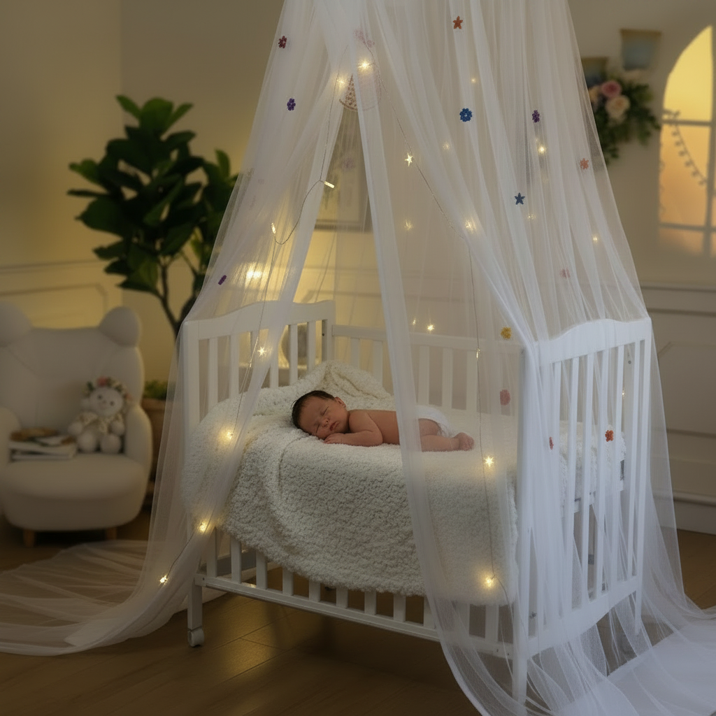 Moustiquaire lit bébé baldaquin blanc guirlande lumineuse étoiles, berceau, chambre tamisée, atmosphère étoilée.