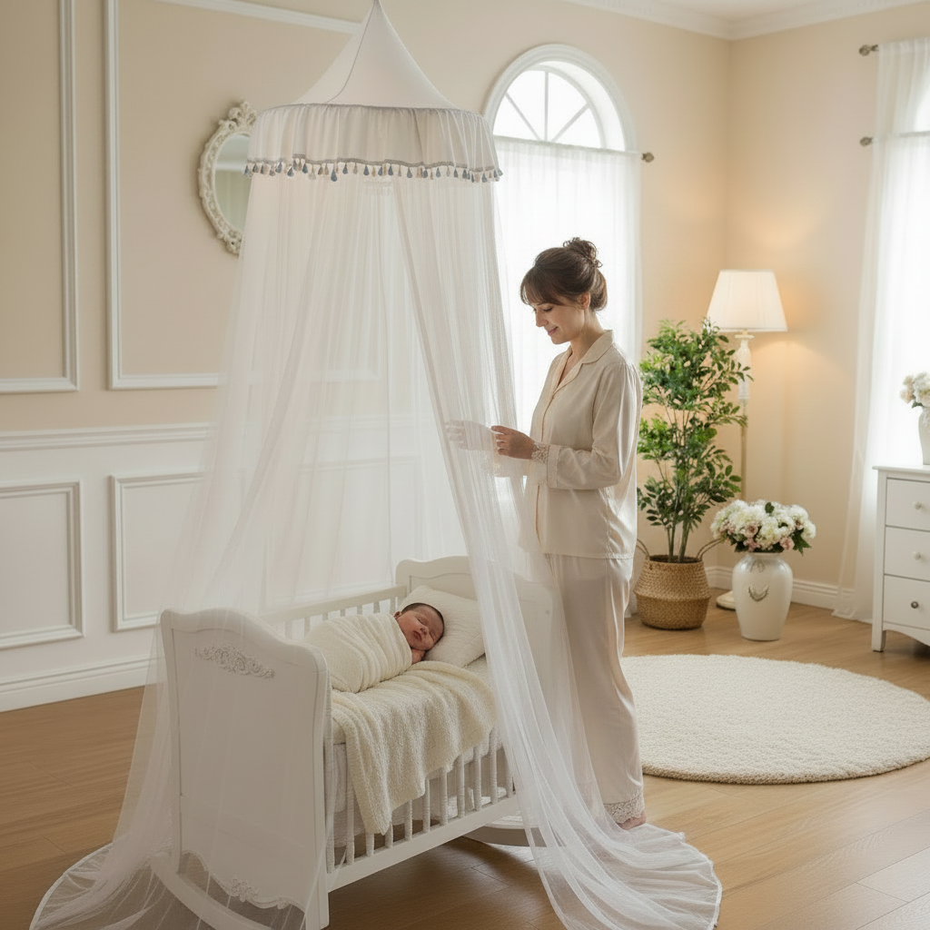 Moustiquaire lit bébé baldaquin blanc suspendu, berceau en bois clair, lumière douce, intérieur élégant.