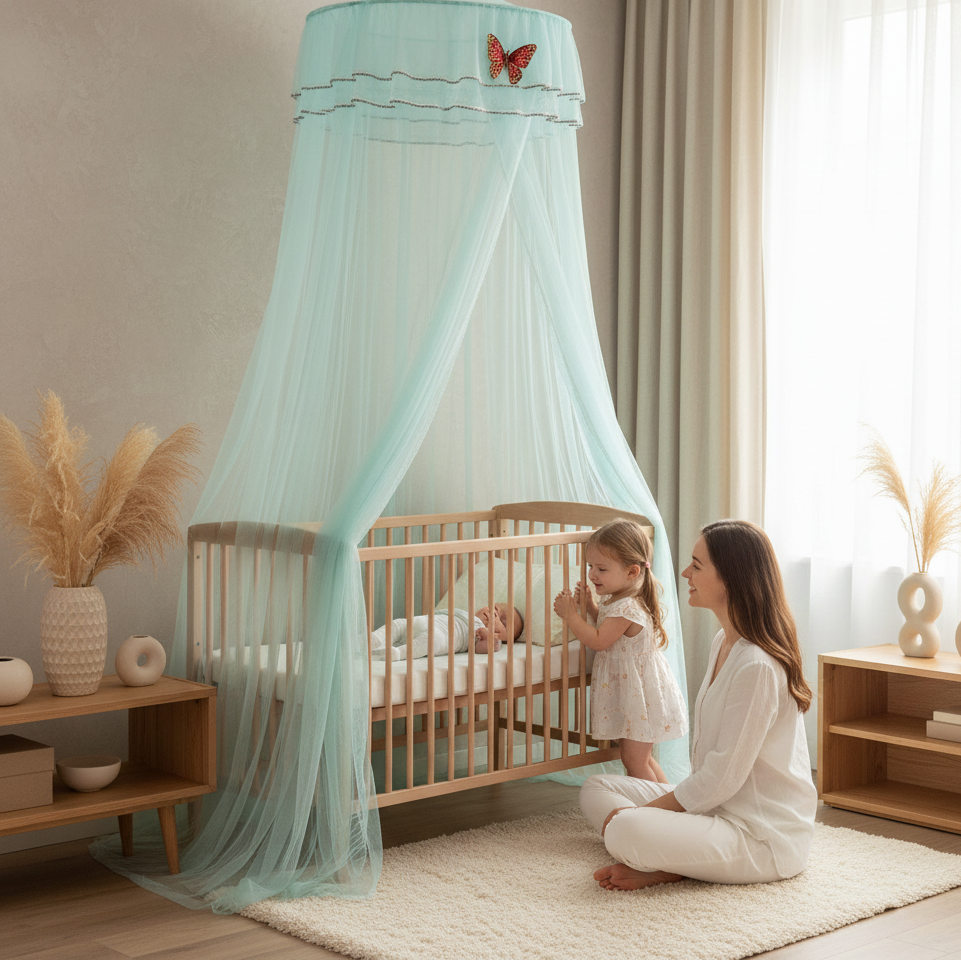 Moustiquaire lit bébé avec enfant reposant paisiblement sous la protection de la moustiquaire lit bébé.