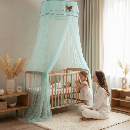 Moustiquaire lit bébé avec enfant reposant paisiblement sous la protection de la moustiquaire lit bébé.