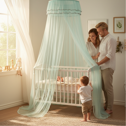 Moustiquaire lit bébé entouré de Famille heureuse autour du berceau sous moustiquaire turquoise