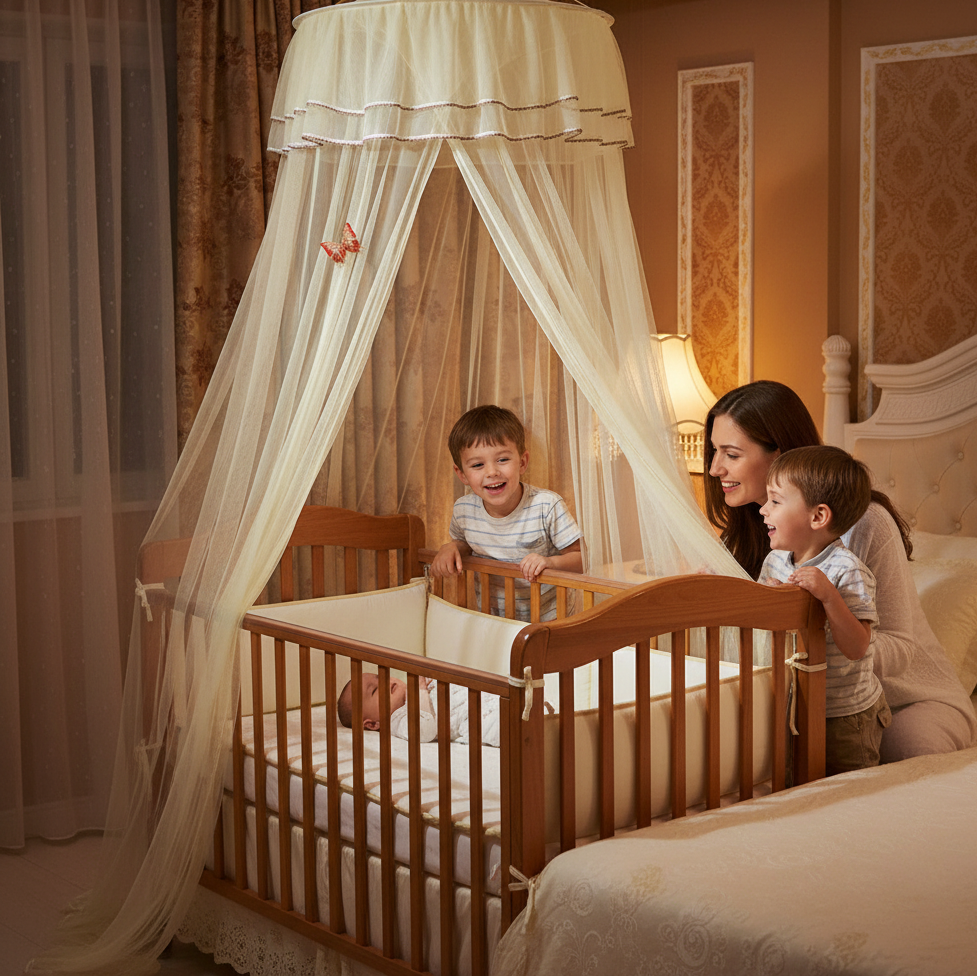 Moustiquaire lit bébé montrant une scène familiale et un système d'installation facile.