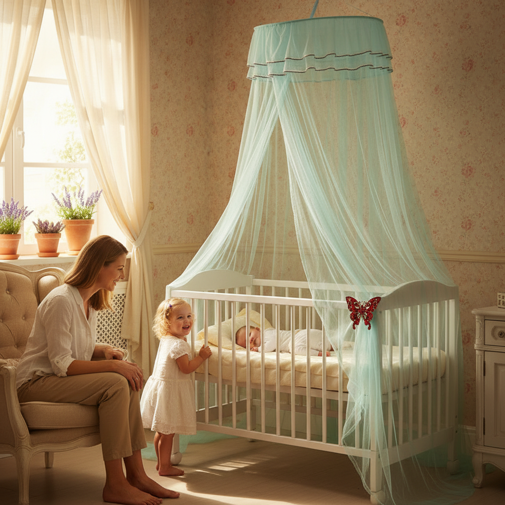 Moustiquaire lit bébé avec maman, petite sœur et bébé, décor champêtre français.