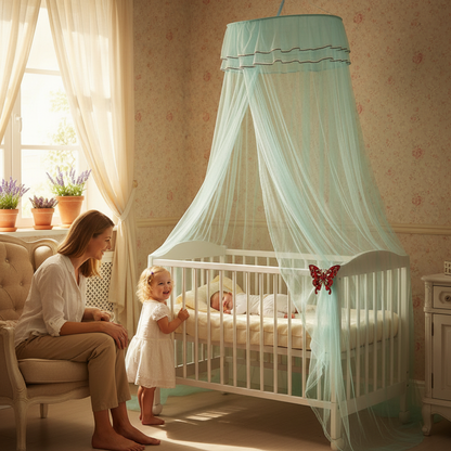 Moustiquaire lit bébé avec maman, petite sœur et bébé, décor champêtre français.