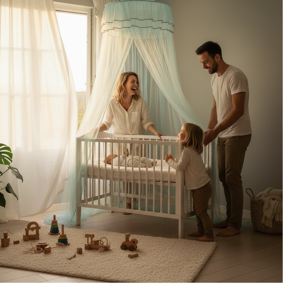 Moustiquaire lit bébé en scène avec famille joyeuse heure dorée chambre bébé .