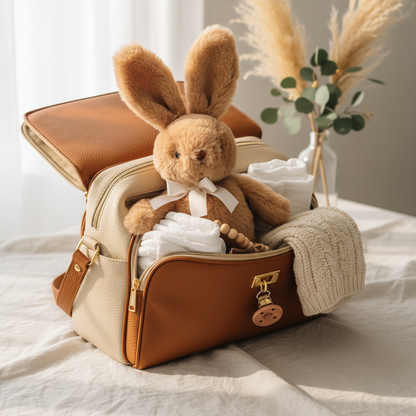 Peluche lapin FLUFFYN™ – doudou caramel dans sac à langer