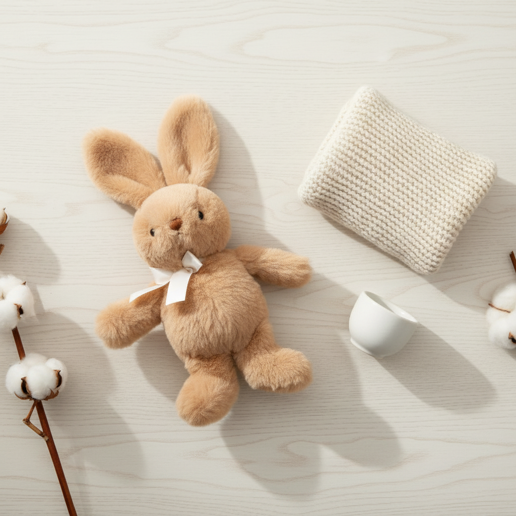 Peluche lapin FLUFFYN™ – flat lay style scandinave boho