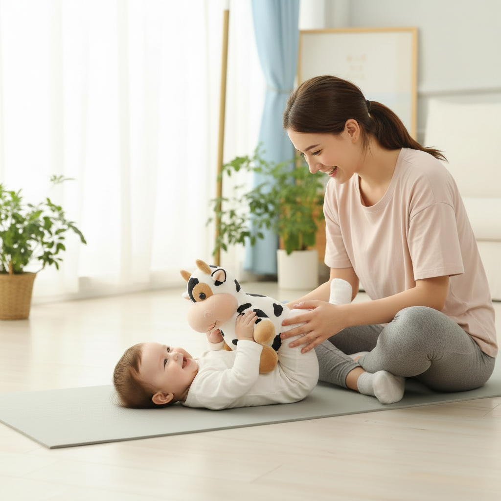 Peluche vache 30 cm en situation réelle, proportions réalistes comparées à la taille d'un enfant,gym maman