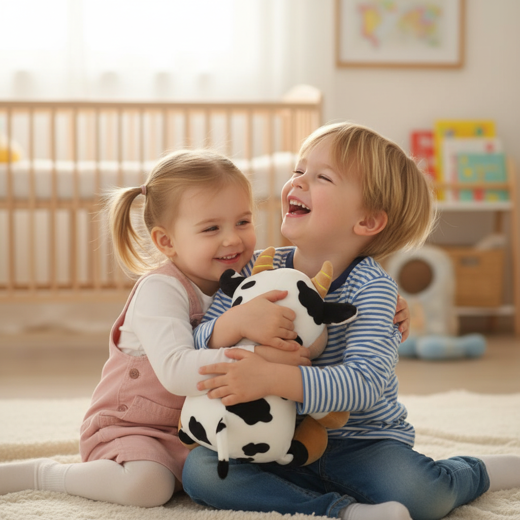 Peluche vache souriante dans les bras d'enfants heureux, ambiance crèche chaleureuse et colorée