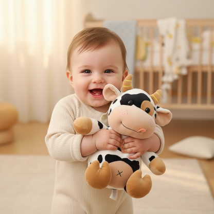 Peluche vache MOOCÂLIN™ blanche à taches noires et cornes dorées, photo lifestyle, jouet doux pour bébé