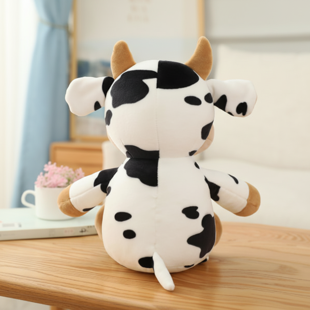 Peluche vache MOOCÂLIN™ 30 cm assise, fond neutre, cadeau naissance et éveil enfant