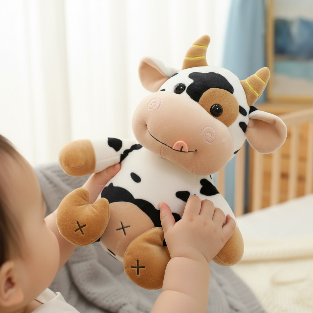 Peluche vache MOOCÂLIN™ tenue par un bébé, jouet sensoriel moelleux 30 cm pour tout-petit