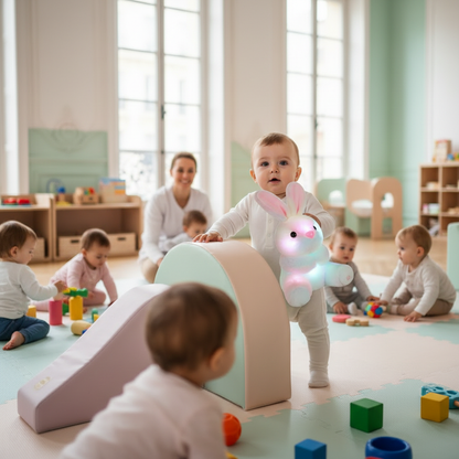 peluche veilleuse LUNIDOU™ bébé debout crèche avec autres enfants doudou lapin