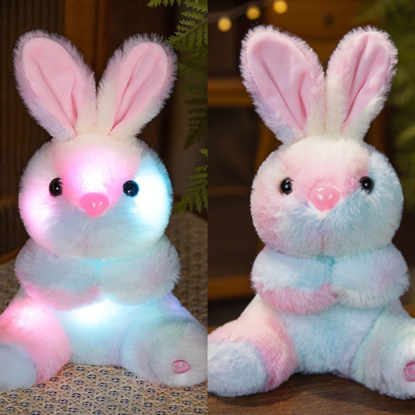 peluche veilleuse LUNIDOU™ couleur bleu et rose avant et après lumière doudou bébé