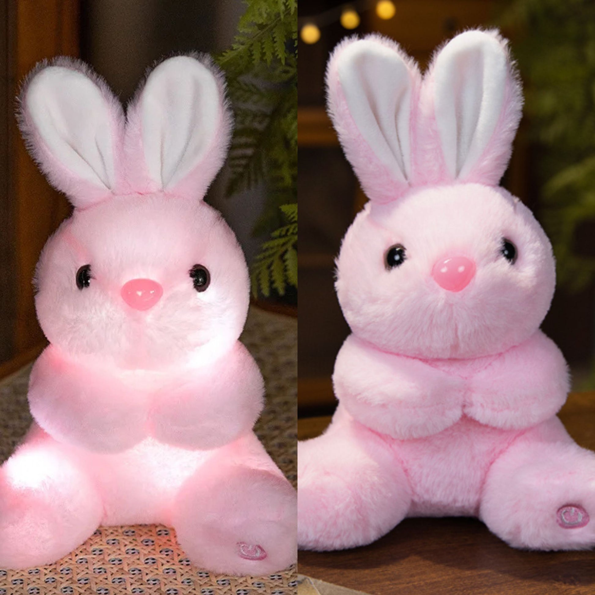 peluche veilleuse LUNIDOU™ couleur rose avant et après lumière doudou bébé