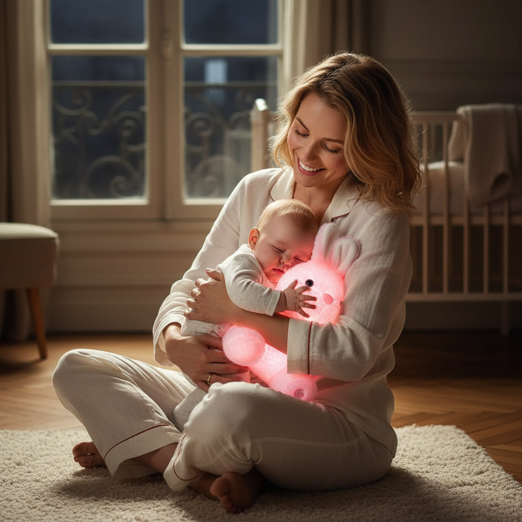 peluche veilleuse LUNIDOU™ maman assise sol tapis crème doudou lapin lumineux bébé