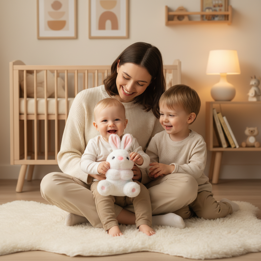 peluche veilleuse LUNIDOU™moment en famille avec lapin lumineux tenu par enfant