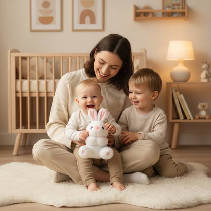 peluche veilleuse LUNIDOU™moment en famille avec lapin lumineux tenu par enfant
